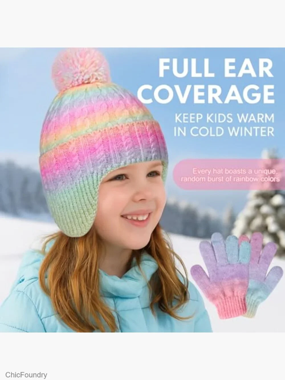 Kids Winter Hat Gloves Set, Toddler Beanie Mittens Cold Weather Snow Set Ages